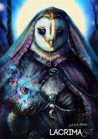 Digital Portrait of a female Dungeons and Dragons Owlin DM, rolling dices.