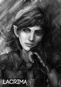 Grayscale portrait drawing of handsome male elf.