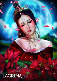 Semi realistic portrait of an asian princess surrounded by red flowers.
