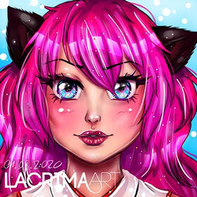 Cute anime cat girl face with pink hairs.