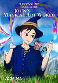 Anime wizard boy with his cat in Ghibli art style.