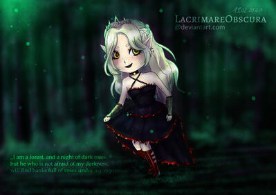 Crowned chibi gothic girl holding her dress in a forest.