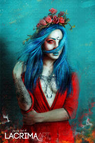 Realistic digital painting of a blue haired woman in a red dress.