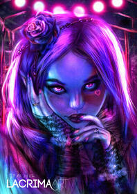 Digital artwork of a female cyberpunk character with pointed ears.