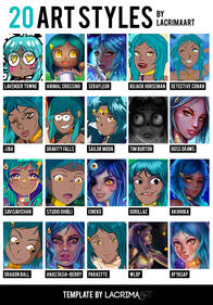 Overview of a 20 Art Style Challenge with styles from different artists and TV shows.