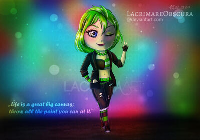 Green haired chibi punk girl makes the peace symbol.