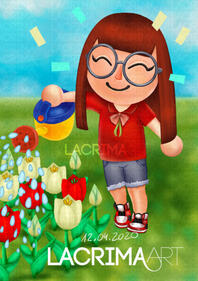 Digital Animal Crossing styled drawing of a happy girl watering wild flowers.