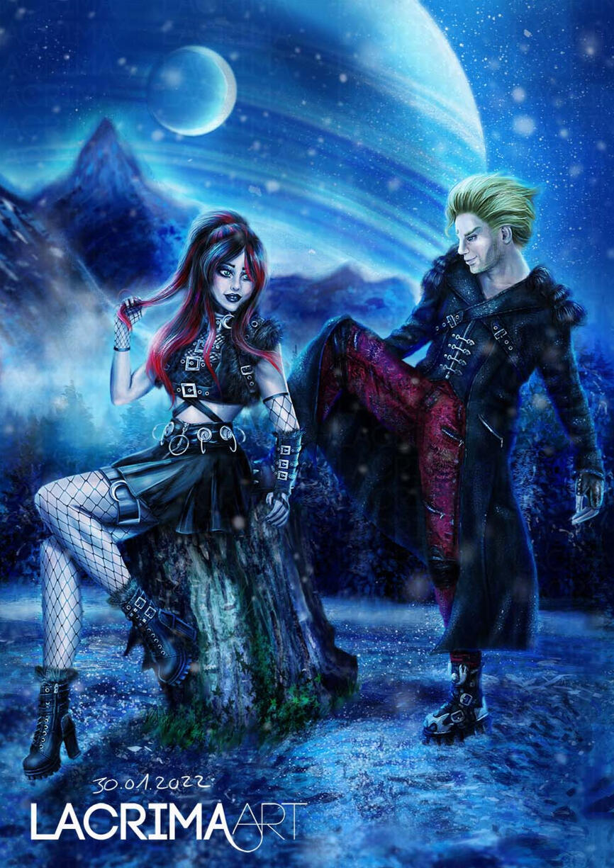 Semi realistic fullbody commission of a fantasy couple with a detailed winter landscape.