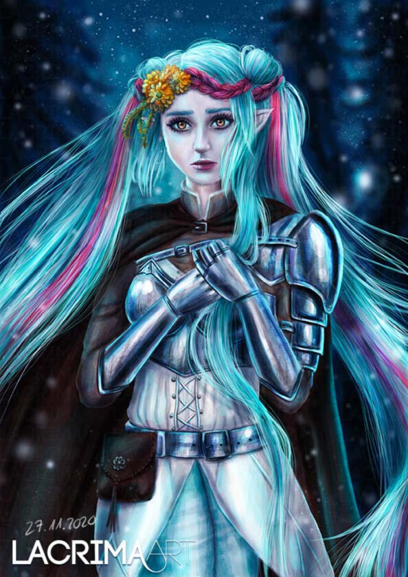 Semi realistic halfbody illustration of a single original fantasy character.